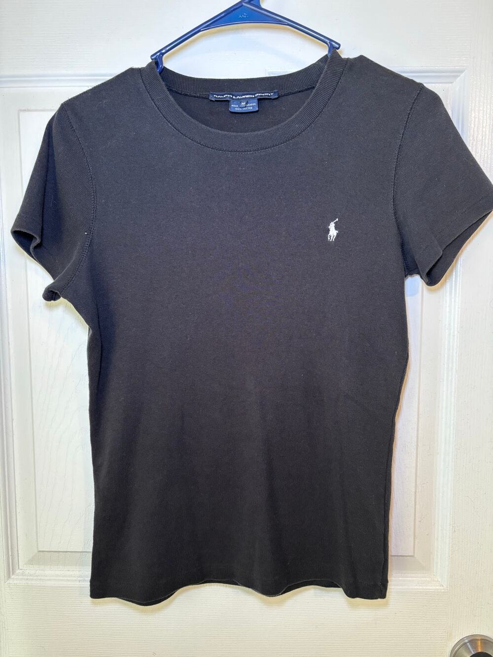 Ralph Lauren Sport Womenâs Black Baby Tee Shirt Size Medium 100% Cotton Pony